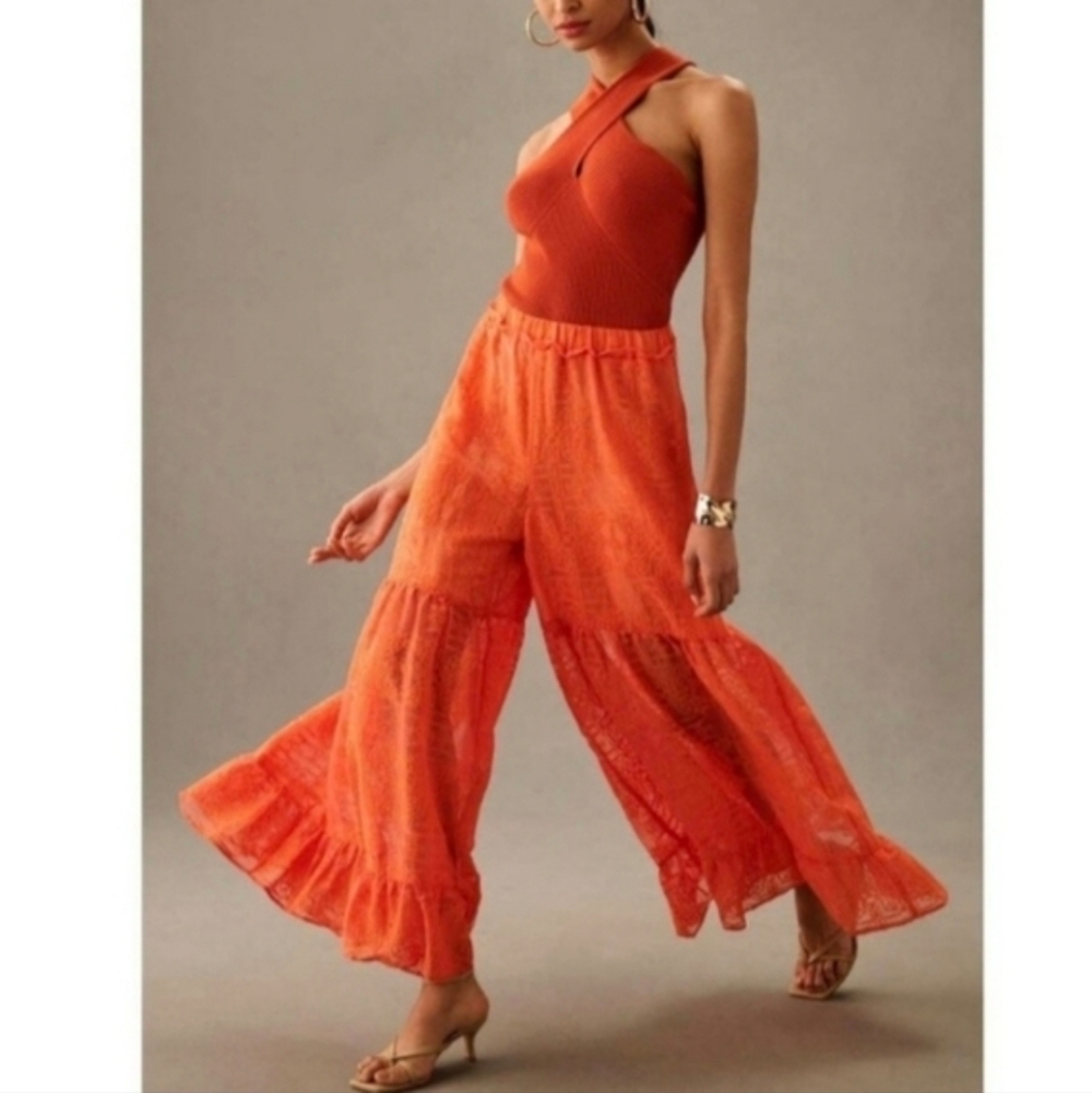 *Anthropologie NWOT Orange Chiffon Flowy Wide-leg Palazzo Boho Pants Size Small